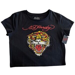 Ed Hardy Black Tiger Rhinestone Graphic Crop T-Shirt Y2K Style Women's L Jr  NWT